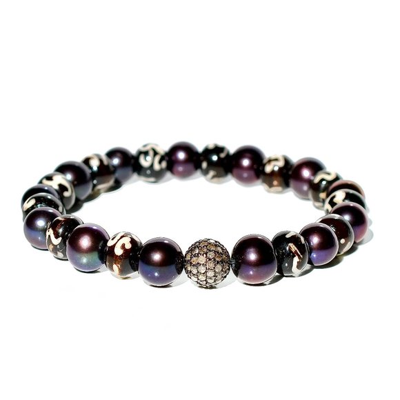 925 Sterling Silver Pave Diamond Black Pearl Stretch Bracelet - Picture 1 of 4